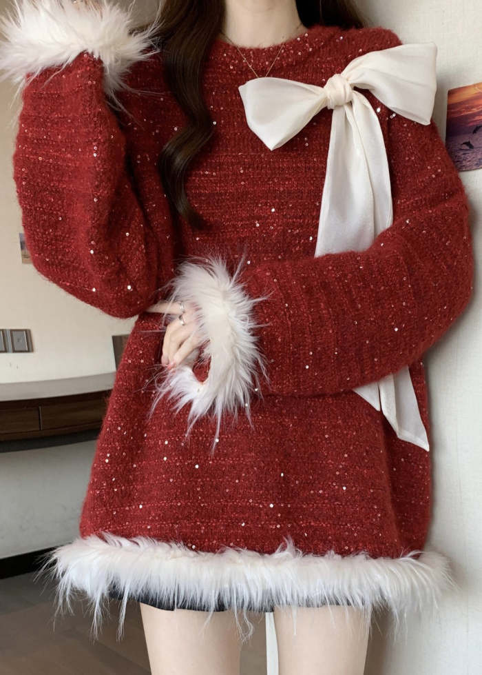 Italian Mulberry Oversized Patchwork Bow Knit Sweater Tops Fall