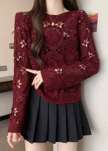 Italian Mulberry Embroidered Hollow Out Knit Sweater Fall