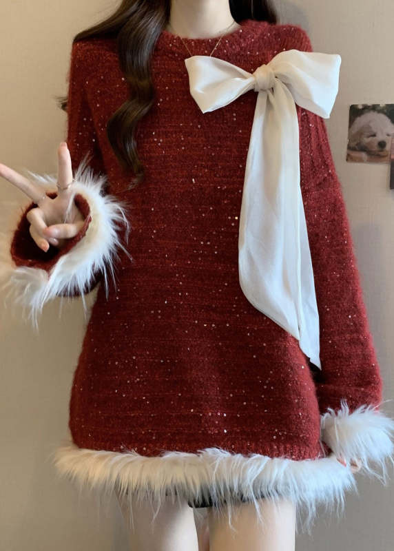 Italian Mulberry Oversized Patchwork Bow Knit Sweater Tops Fall