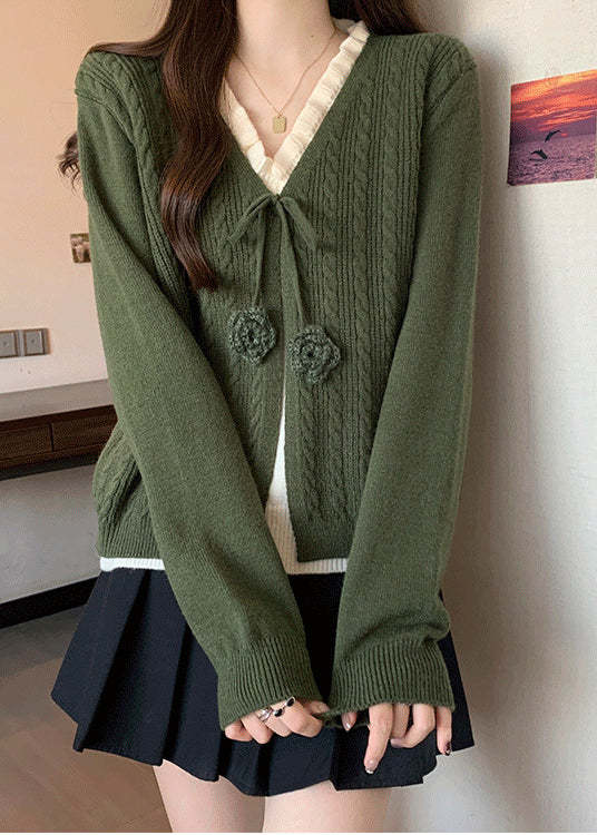 French Green Ruffled Patchwork Knit Fake Two Piece Sweaters Fall
