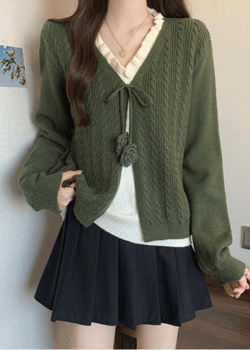 French Green Ruffled Patchwork Knit Fake Two Piece Sweaters Fall