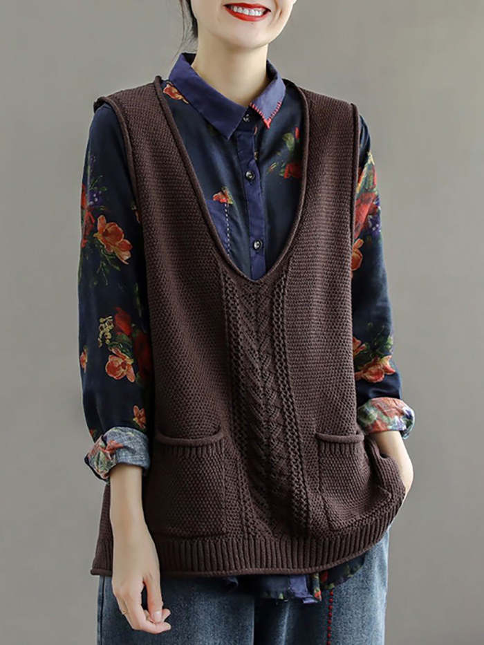 Plus Size - Women Pocket Knitted Hollow Sweater Vest