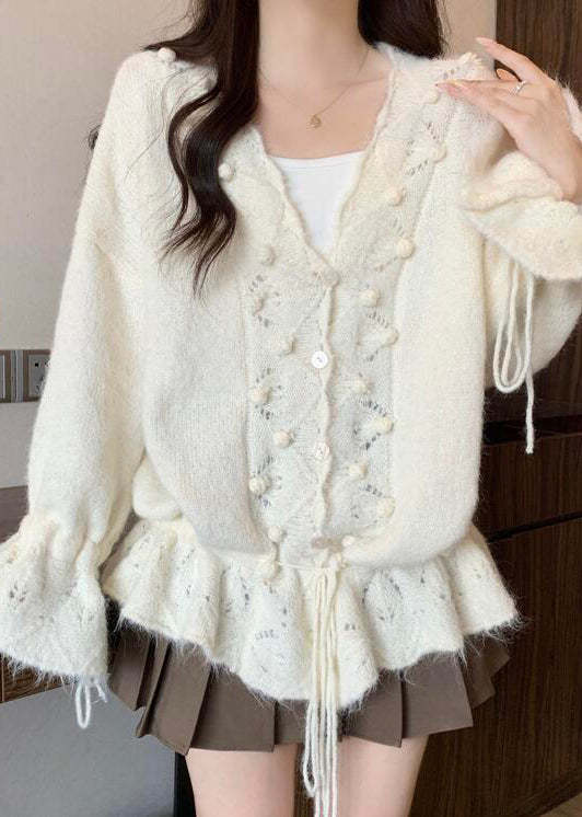 Bohemian White Fuzzy Ball Decorated Drawstring Knit Cardigans Fall