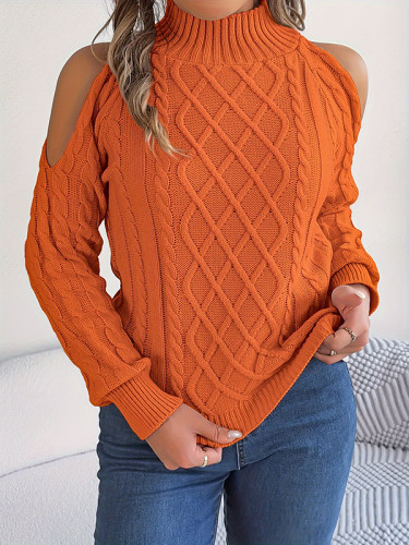 Hollow Solid Color Long Sleeves Loose Cold Shoulder Sweater Tops Pullovers
