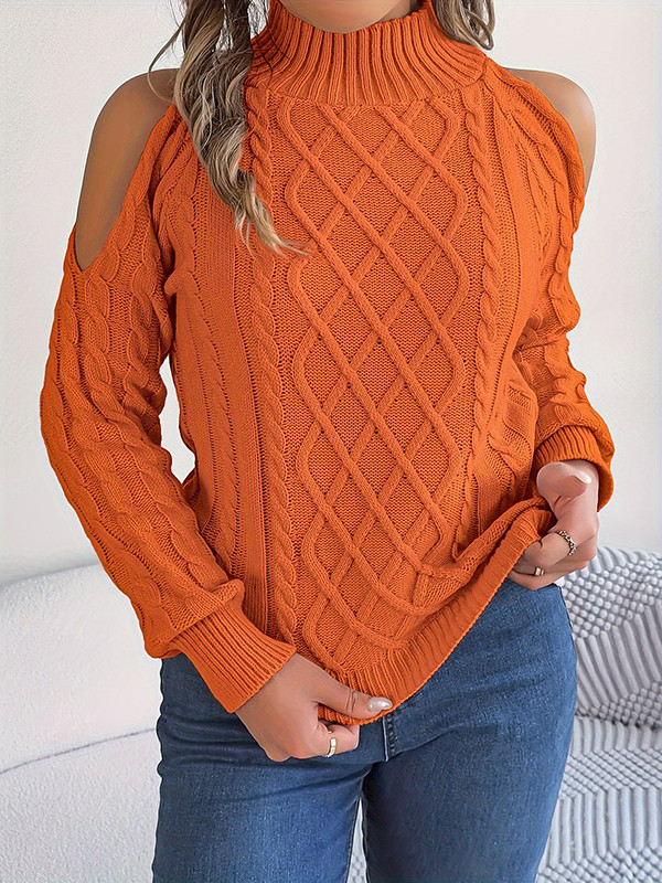 Hollow Solid Color Long Sleeves Loose Cold Shoulder Sweater Tops Pullovers