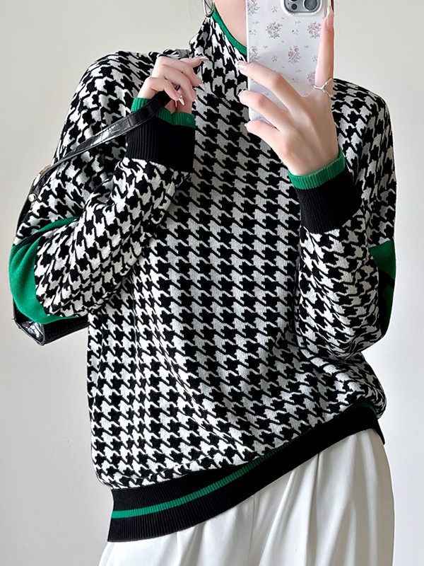 Contrast Color Houndstooth Long Sleeves Loose High Neck Sweater Tops Pullovers