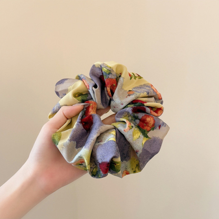 Women'S Large Floral Retro Hair Tie Scarf Bun Maker - Elegant Oil Painting Style Hair Accessory with Vibrant Multicolor Flowers, Soft Durable Fabric Scrunchie for Ponytails, Buns & Braids, Versatile Hair Ornament for Casual & Formal Events (No-Slip