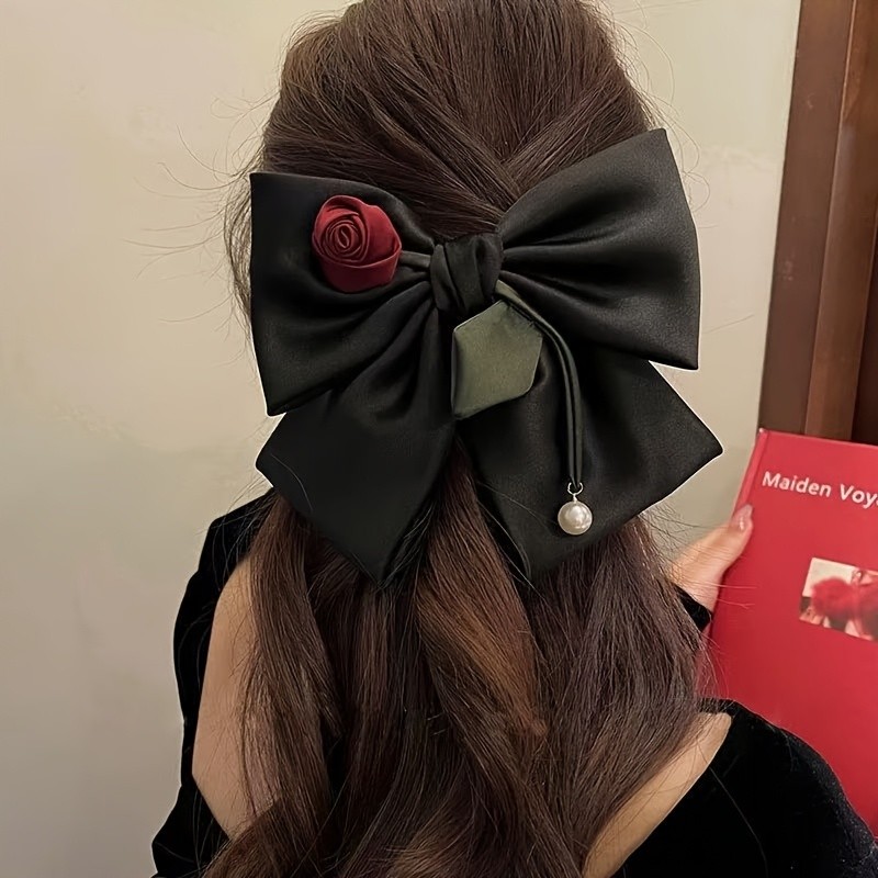 Elegant Black Bow Hair Clip with Red Rose - Designer Back of Head Spring Clip for Women, Perfect for Weddings & Formal Events, Hair Accessories for Weddings