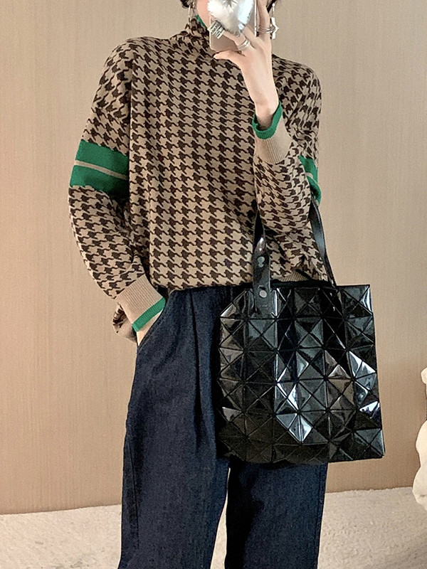 Contrast Color Houndstooth Long Sleeves Loose High Neck Sweater Tops Pullovers