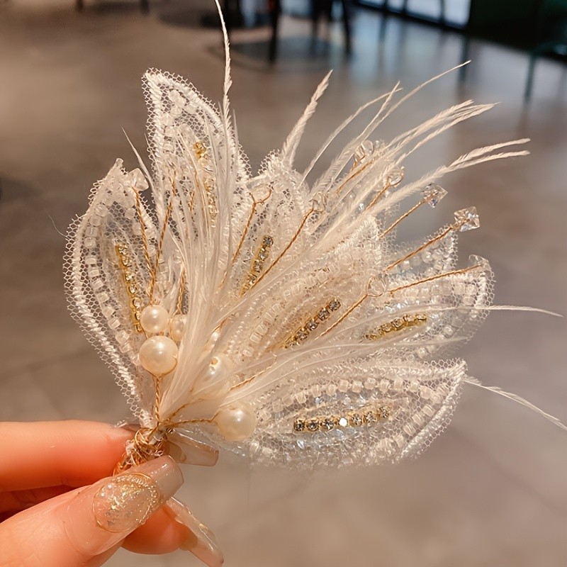 1pc, elegant pearl feather hair clip - a soft bridal accessory for women, suitable for performances and photography