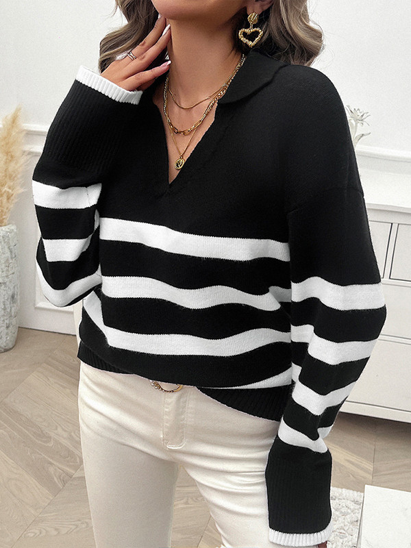 Contrast Color Striped Long Sleeves Loose Lapel Sweater Tops Pullovers