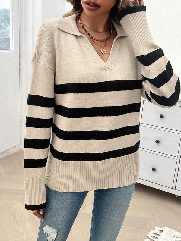 Contrast Color Striped Long Sleeves Loose Lapel Sweater Tops Pullovers