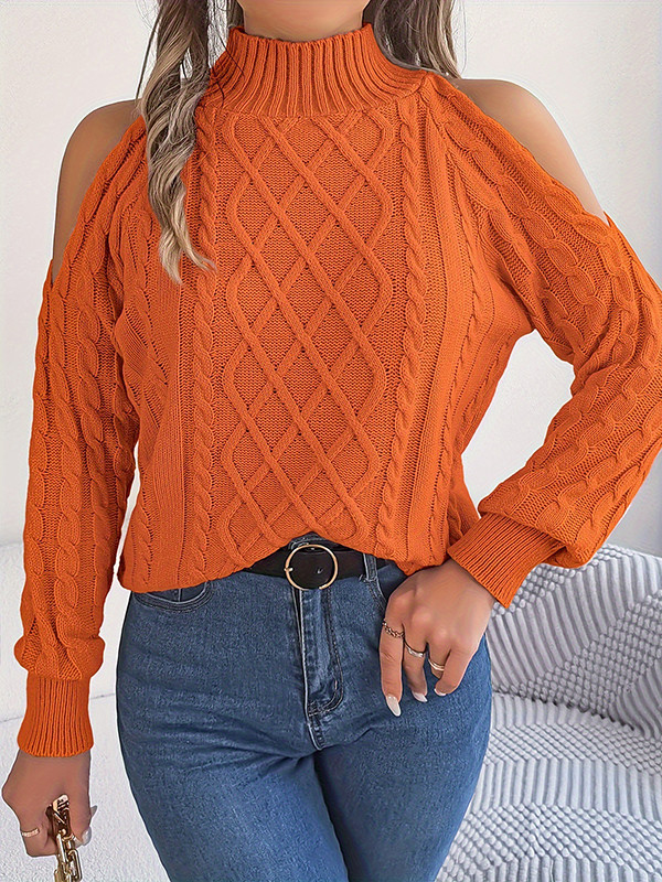 Hollow Solid Color Long Sleeves Loose Cold Shoulder Sweater Tops Pullovers