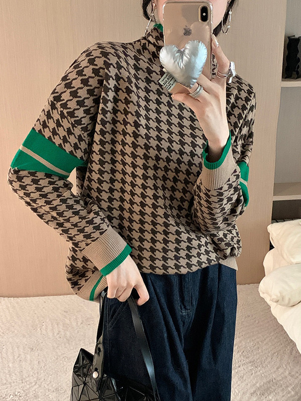 Contrast Color Houndstooth Long Sleeves Loose High Neck Sweater Tops Pullovers