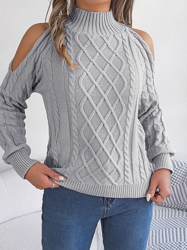 Hollow Solid Color Long Sleeves Loose Cold Shoulder Sweater Tops Pullovers