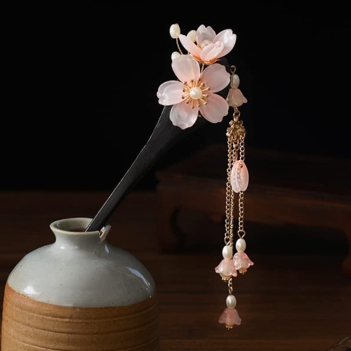 Elegant Floral Hair Stick for Hanfu Accessories - Delicate Flower Hair Ornament with Base & Pink\u002F Blooms, Traditional Chinese Wedding & Cultural Festival Hairpin, Formal Event Hair Accessory for Women, Durable Design for Special Occasions & Hanfu Ou