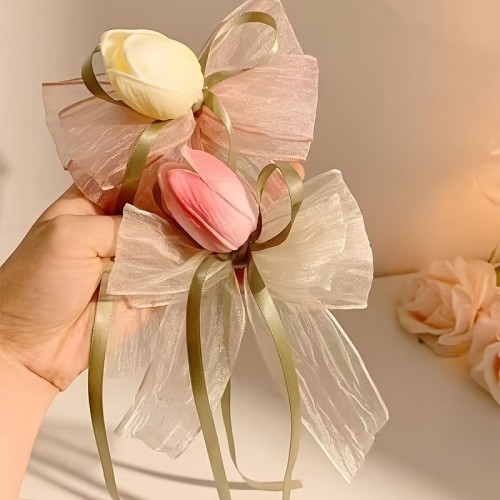 2pcs Floral Hair Clips 2pcs Ultrafine Sweet Floral Tulip Bow Hair Clips - Imitation Tulip with Green Ribbon & Pink Bow Design for Women, Perfect for Weddings, Parties, and Casual Attire