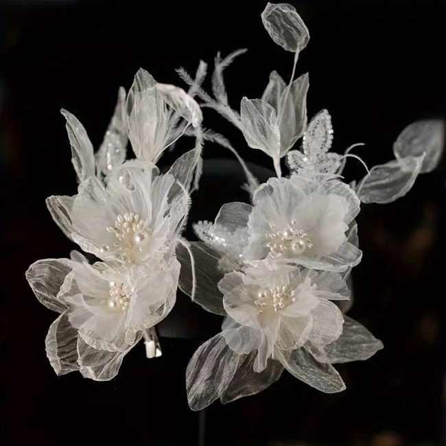 Elegant Korean-Style Bridal Headpiece - Vintage-Inspired Floral Hair Accessory with White Flowers & Tulle, Delicate Lace Detailing for Wedding Dresses, Prom, Formal Events, Special Occasion Headwear, Prom Hairpiece, Romantic Hairpiece, Handcrafted Hairpin, Tulle Embellishment, Vintage Hairpin, Vintage Lovers, Prom Attendees
