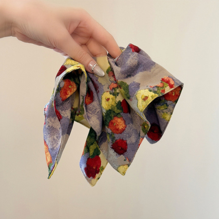 Women'S Large Floral Retro Hair Tie Scarf Bun Maker - Elegant Oil Painting Style Hair Accessory with Vibrant Multicolor Flowers, Soft Durable Fabric Scrunchie for Ponytails, Buns & Braids, Versatile Hair Ornament for Casual & Formal Events (No-Slip