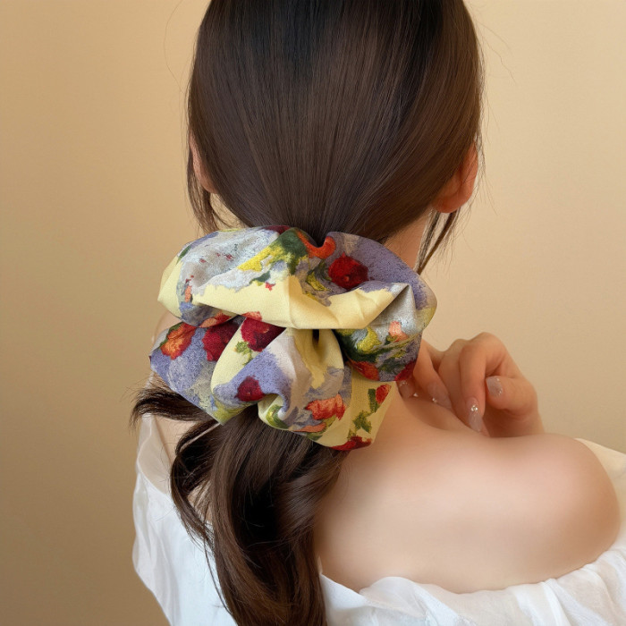 Women'S Large Floral Retro Hair Tie Scarf Bun Maker - Elegant Oil Painting Style Hair Accessory with Vibrant Multicolor Flowers, Soft Durable Fabric Scrunchie for Ponytails, Buns & Braids, Versatile Hair Ornament for Casual & Formal Events (No-Slip