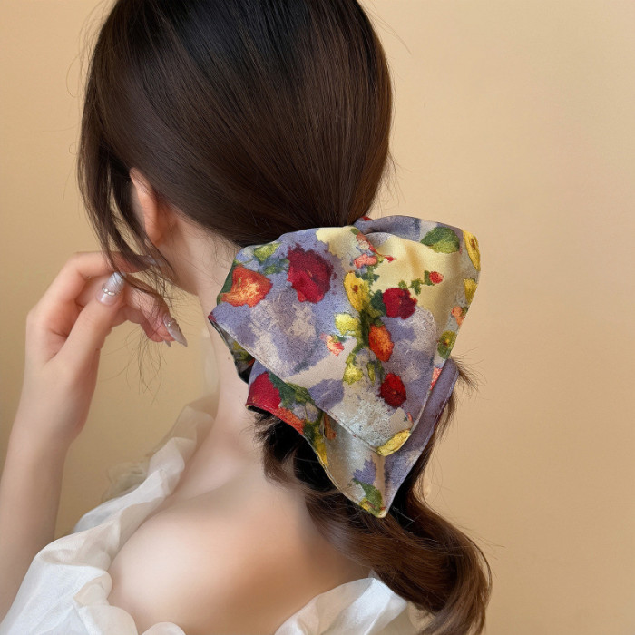 Women'S Large Floral Retro Hair Tie Scarf Bun Maker - Elegant Oil Painting Style Hair Accessory with Vibrant Multicolor Flowers, Soft Durable Fabric Scrunchie for Ponytails, Buns & Braids, Versatile Hair Ornament for Casual & Formal Events (No-Slip