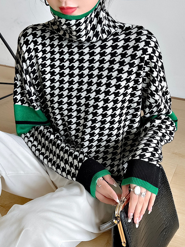 Contrast Color Houndstooth Long Sleeves Loose High Neck Sweater Tops Pullovers