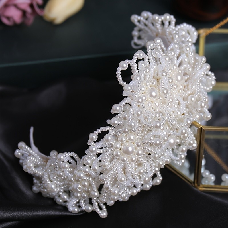 1pc Hand-Woven White Imitation Pearl Crown Headpiece - Elegant Wreath Design with Layered Looping Arch & Cascading Beads, Luxury Tiara for Women, Girls, Ball Prom Valentine's Day New Year's Eve All Seasons Comfortable Durable Party Daily Use (No Glue\u002FElastic) – Crafted from Premium Faux Imitation Pearl