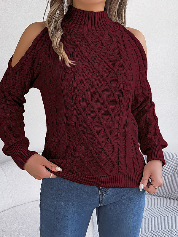 Hollow Solid Color Long Sleeves Loose Cold Shoulder Sweater Tops Pullovers