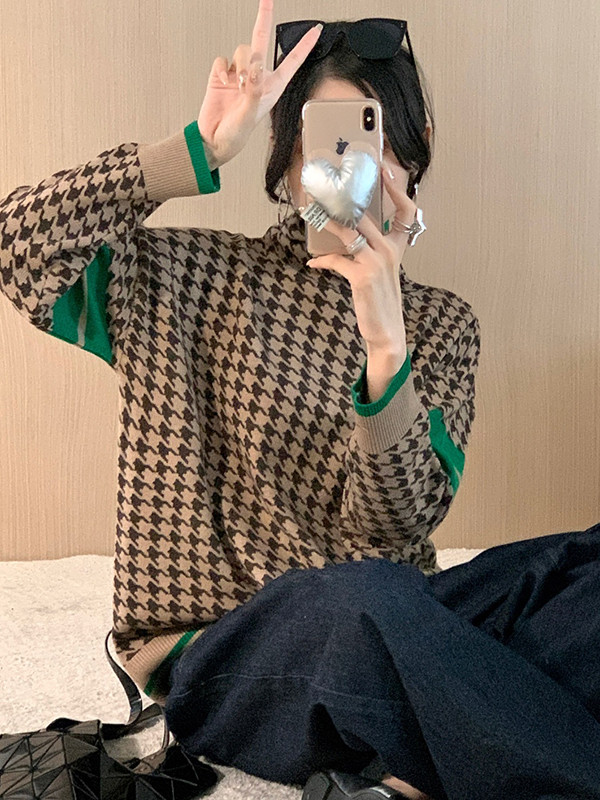 Contrast Color Houndstooth Long Sleeves Loose High Neck Sweater Tops Pullovers