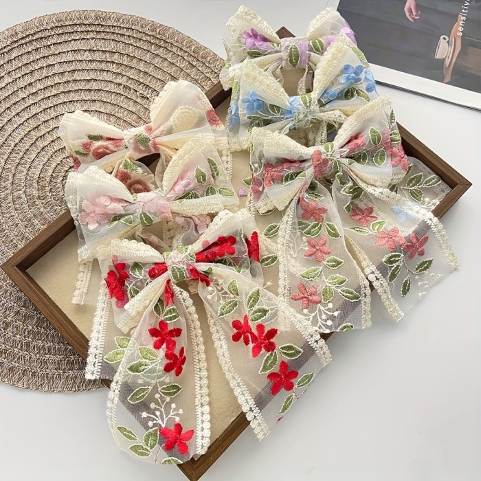 1pc Lace Ribbon Bow Hair Clip for Women - Matte Candy Color Hairpin with Floral Embellishments, Multiple Colors Available, Lightweight Polyester Hair Accessories for Daily Travel, Parties & Gifts
