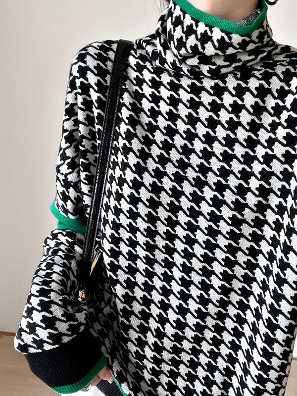 Contrast Color Houndstooth Long Sleeves Loose High Neck Sweater Tops Pullovers
