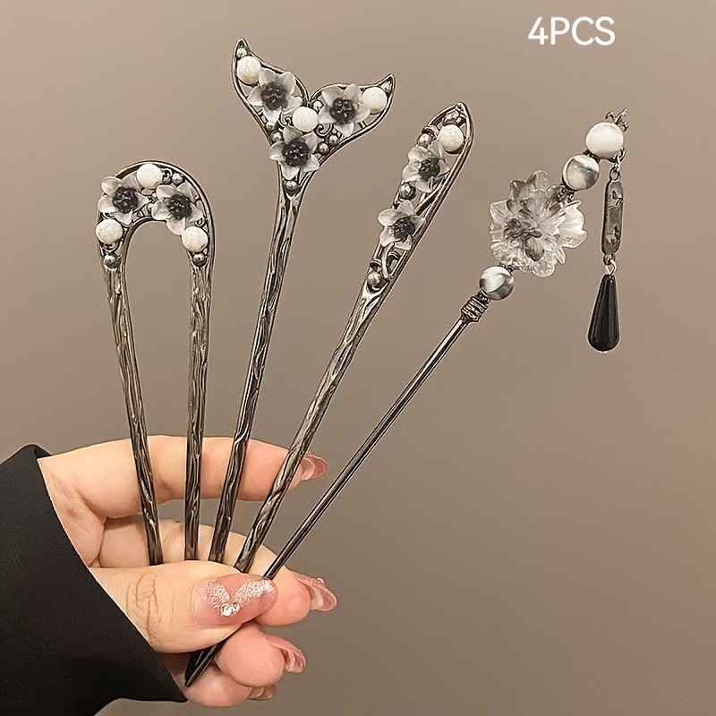4pcs New Ancient Style Light Luxury Alloy Hair Accessories, Water Ink Gradient Petal Design, Fashionable Hairpins, Hair Sticks, and Hair Forks, Suitable for Daily Wear, Parties, Hanfu Accessories, Chinese Gift Hair Styling Accessories