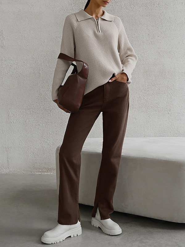 Solid Color Zipper Long Sleeves Loose Lapel Sweater Tops Pullovers
