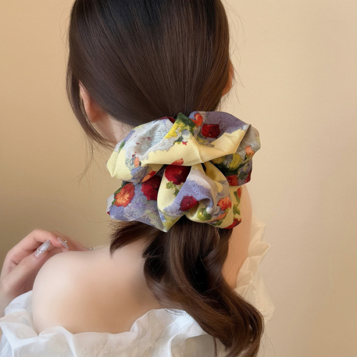 Women'S Large Floral Retro Hair Tie Scarf Bun Maker - Elegant Oil Painting Style Hair Accessory with Vibrant Multicolor Flowers, Soft Durable Fabric Scrunchie for Ponytails, Buns & Braids, Versatile Hair Ornament for Casual & Formal Events (No-Slip