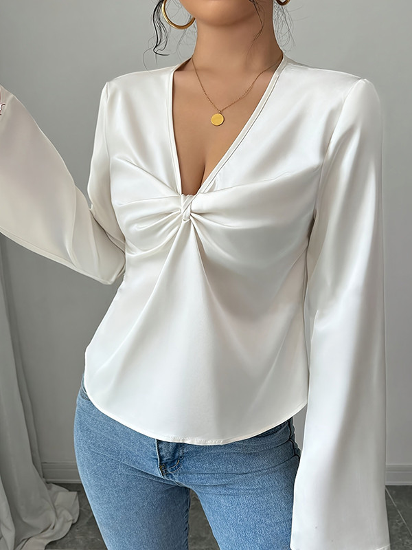 Pleated Solid Color Split-Joint Long Sleeves Loose V-neck Blouses&shirts Tops