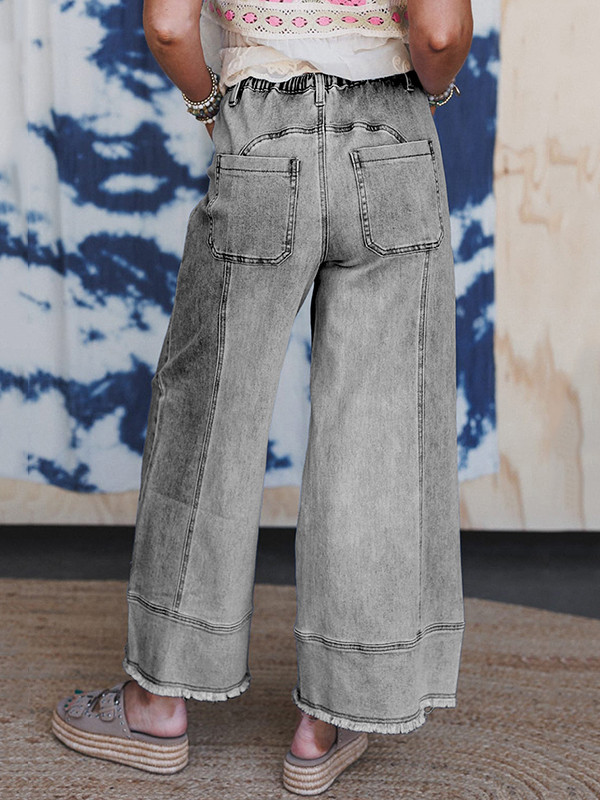 Drawstring Fringed Pockets Solid Color High Waisted Loose Jean Pants Bottoms