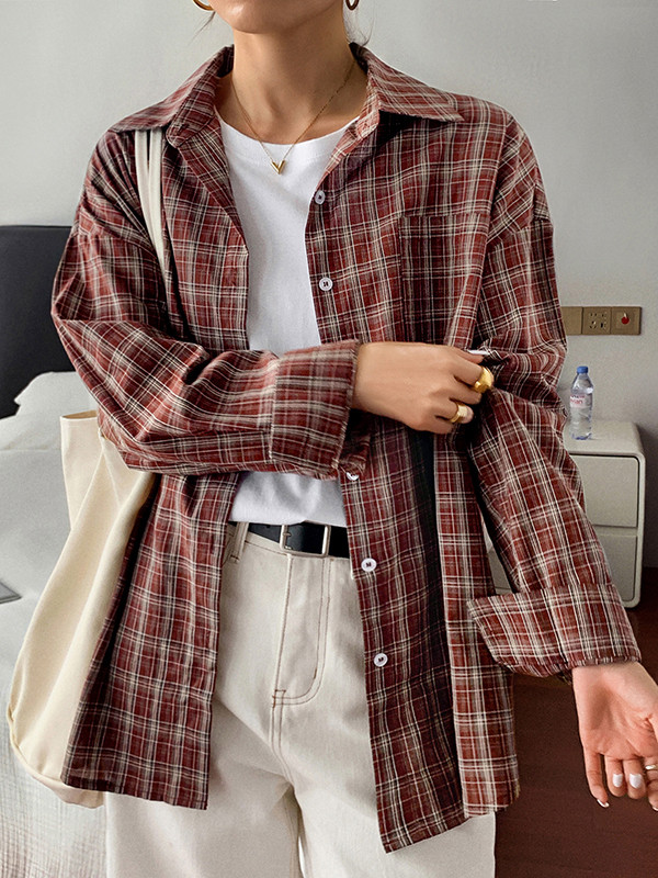 Buttoned Plaid Long Sleeves Loose Lapel Blouses&Shirts Tops