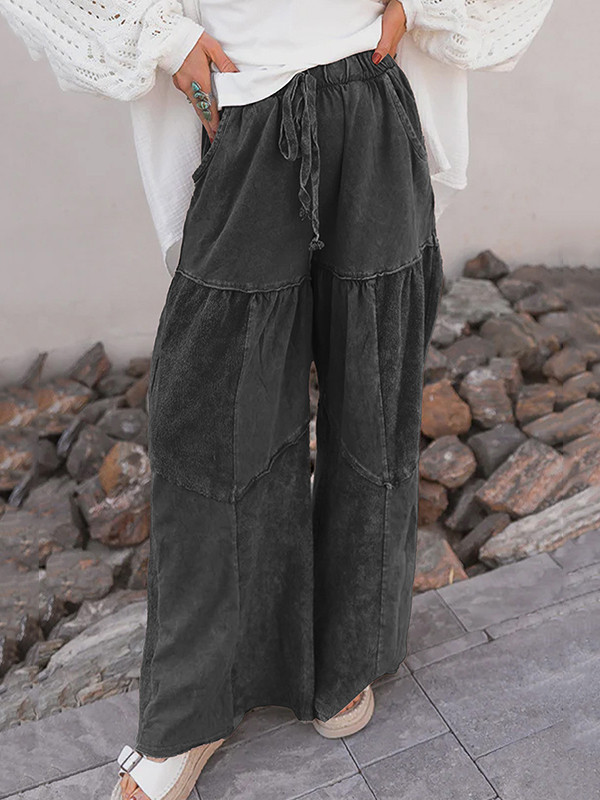 Drawstring Pleated Pockets Solid Color Split-Joint High Waisted Loose Trousers Pants