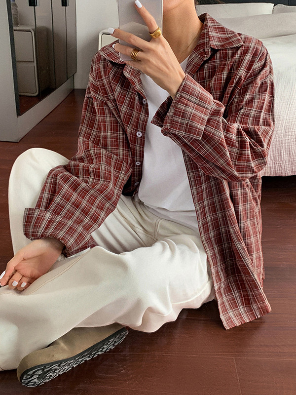 Buttoned Plaid Long Sleeves Loose Lapel Blouses&Shirts Tops