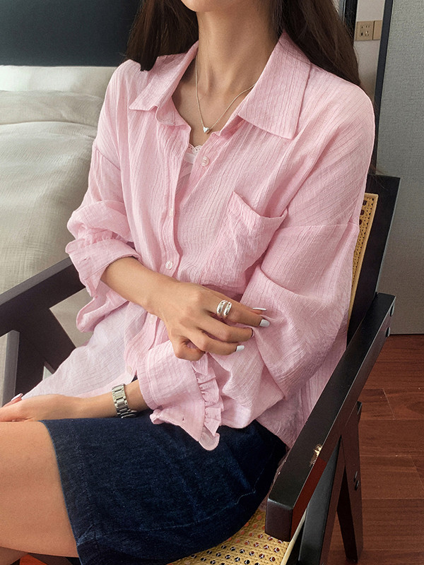 Buttoned Pockets Ruffle Trim Solid Color Long Sleeves Loose Lapel Blouses&Shirts Tops