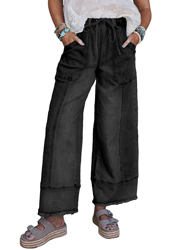 Drawstring Fringed Pockets Solid Color High Waisted Loose Jean Pants Bottoms