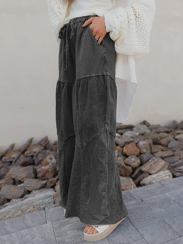 Drawstring Pleated Pockets Solid Color Split-Joint High Waisted Loose Trousers Pants
