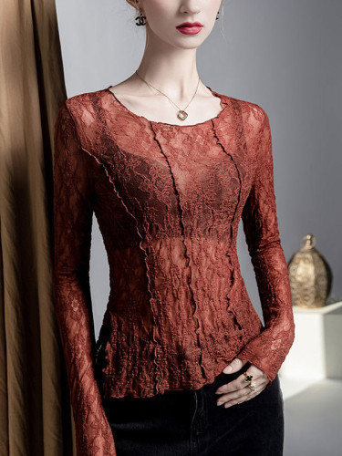 See-Through Split-Joint Textured Irregularity Long Sleeves Round-Neck T-Shirts Tops