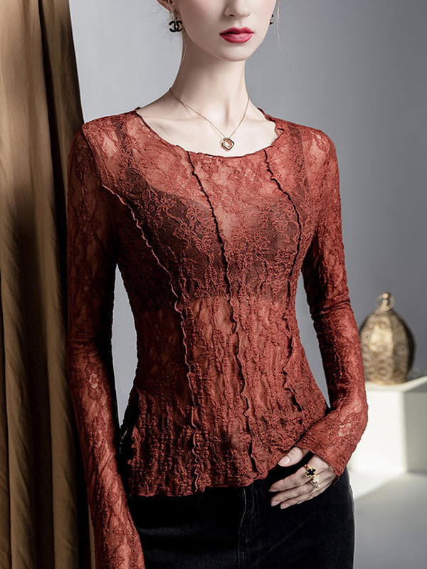 See-Through Split-Joint Textured Irregularity Long Sleeves Round-Neck T-Shirts Tops