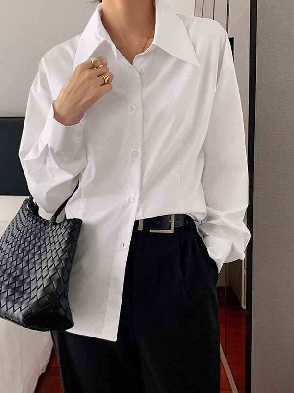 Buttoned Solid Color Long Sleeves Loose Lapel Blouses&Shirts Tops