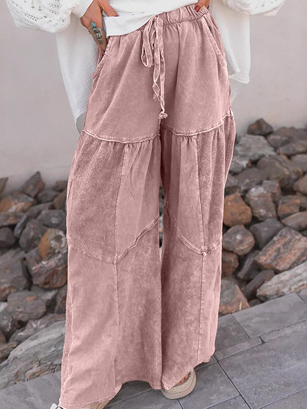 Drawstring Pleated Pockets Solid Color Split-Joint High Waisted Loose Trousers Pants