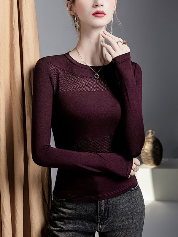 Comfort Mesh Slightly Sheer Solid Color Split-Joint Irregularity Long Sleeves Round-neck T-Shirts Tops