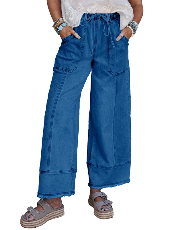 Drawstring Fringed Pockets Solid Color High Waisted Loose Jean Pants Bottoms