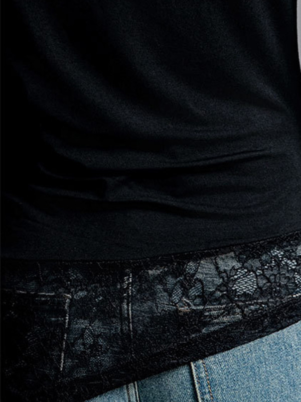 Asymmetric Embroidered Mesh See-Through Split-Joint False Two Long Sleeves Round-Neck T-Shirts