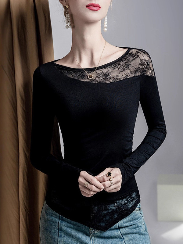 Asymmetric Embroidered Mesh See-Through Split-Joint False Two Long Sleeves Round-Neck T-Shirts